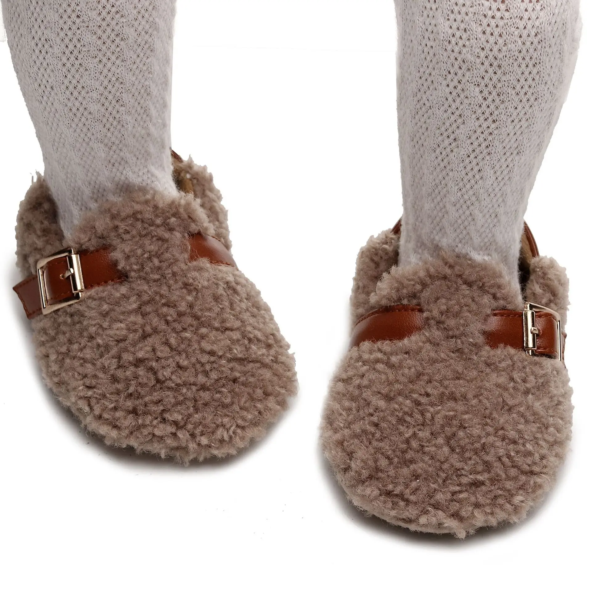 White Faux Fur Baby Slippers with Brown Strap — feature 13