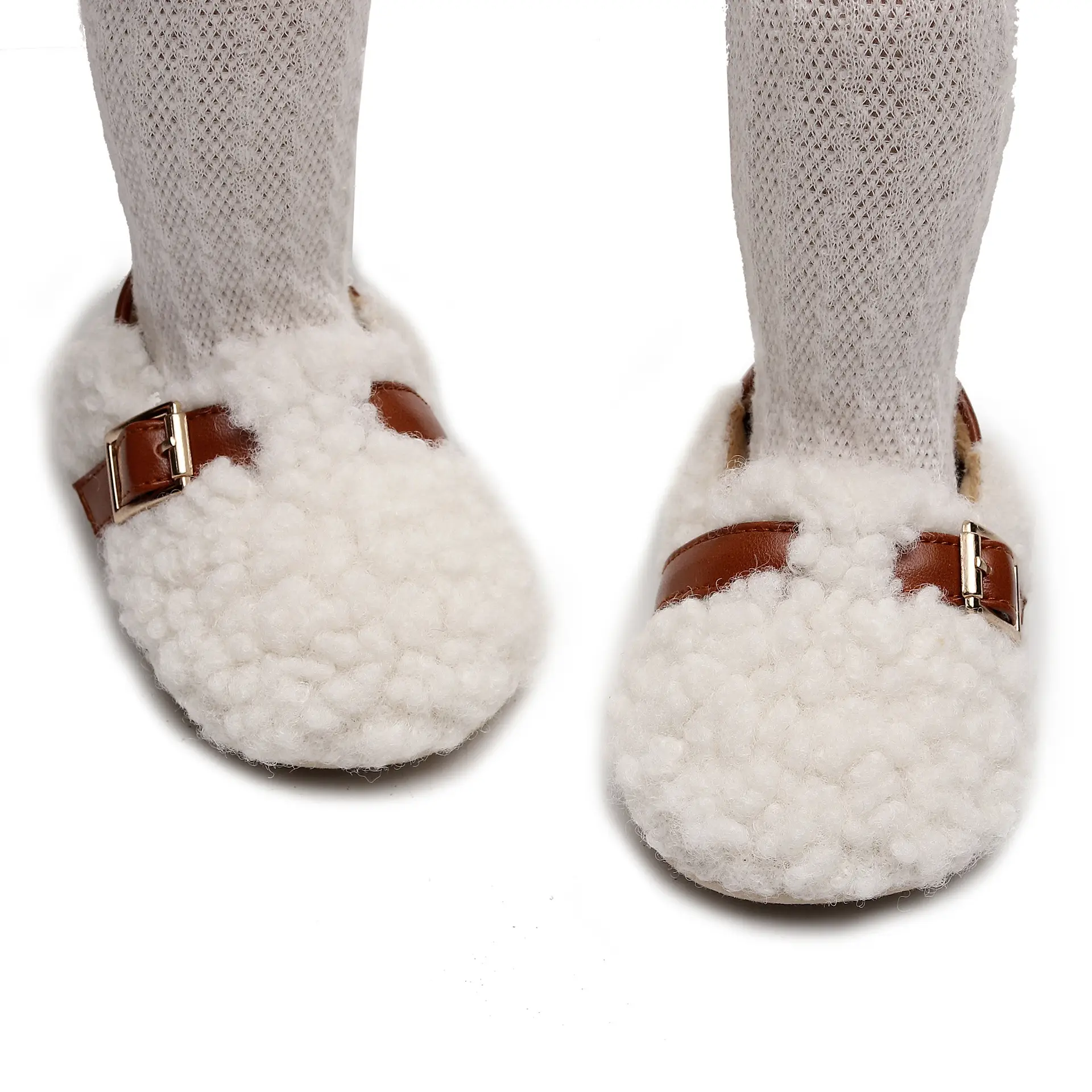 White Faux Fur Baby Slippers with Brown Strap — feature 14
