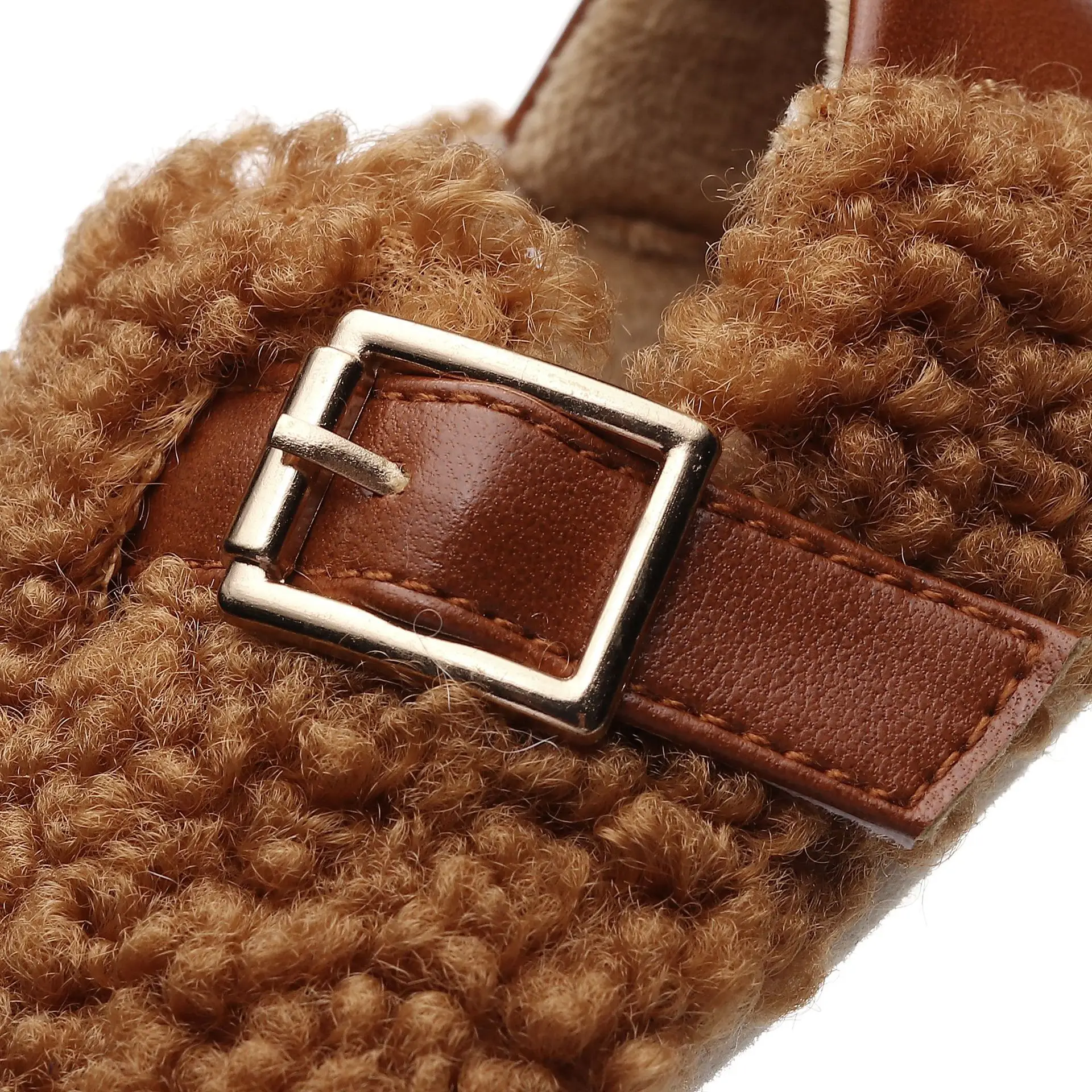 White Faux Fur Baby Slippers with Brown Strap — feature 15