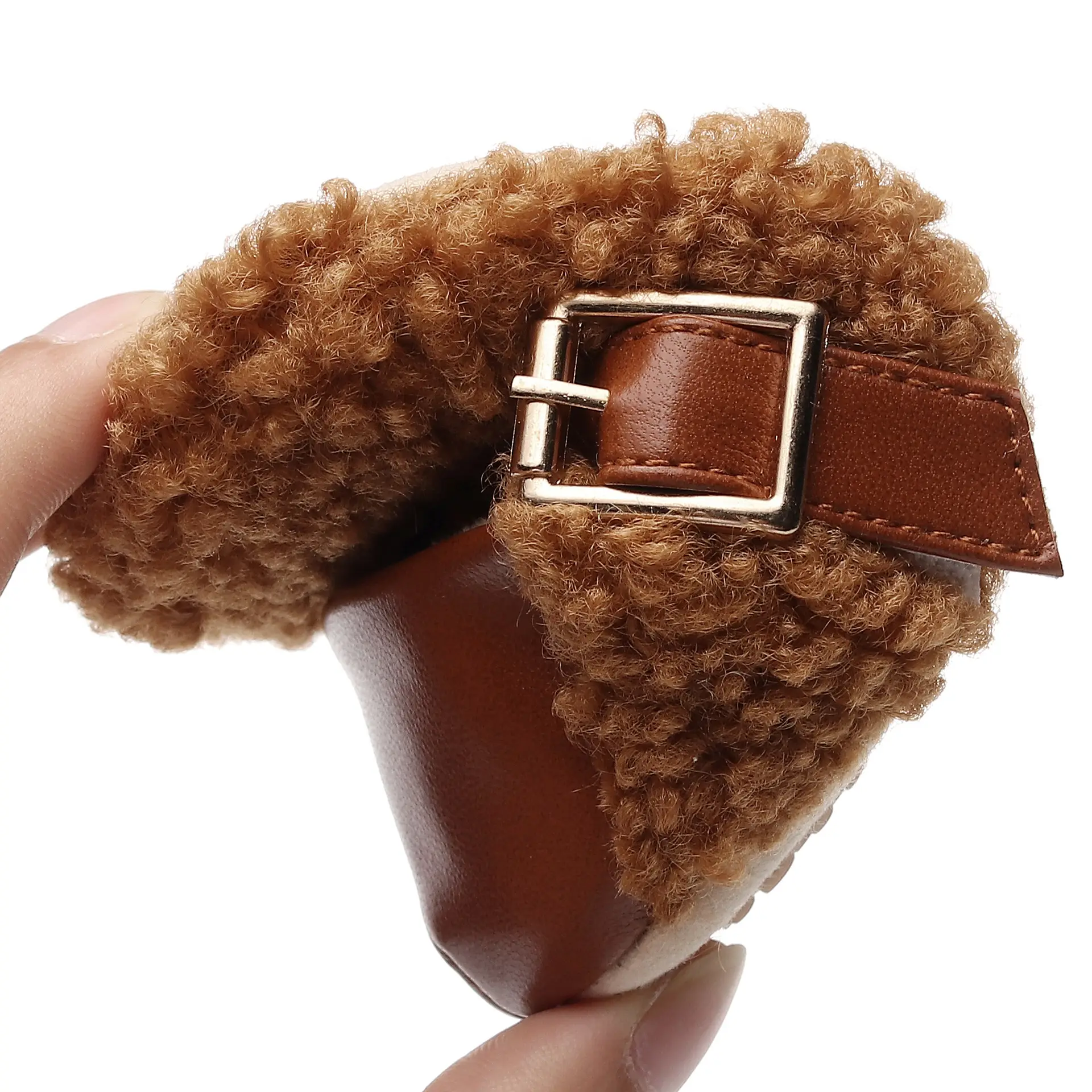 White Faux Fur Baby Slippers with Brown Strap — feature 17