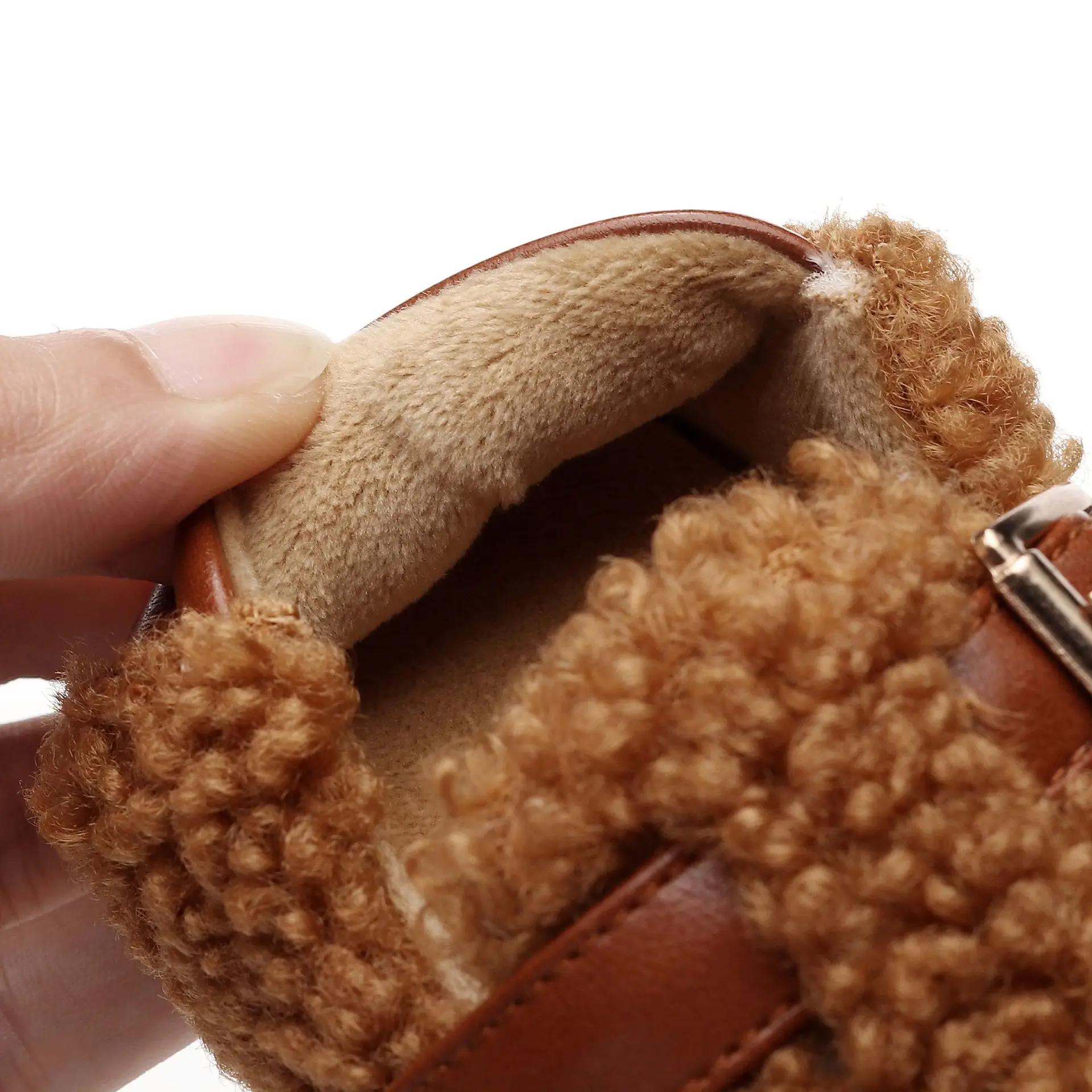White Faux Fur Baby Slippers with Brown Strap — feature 18