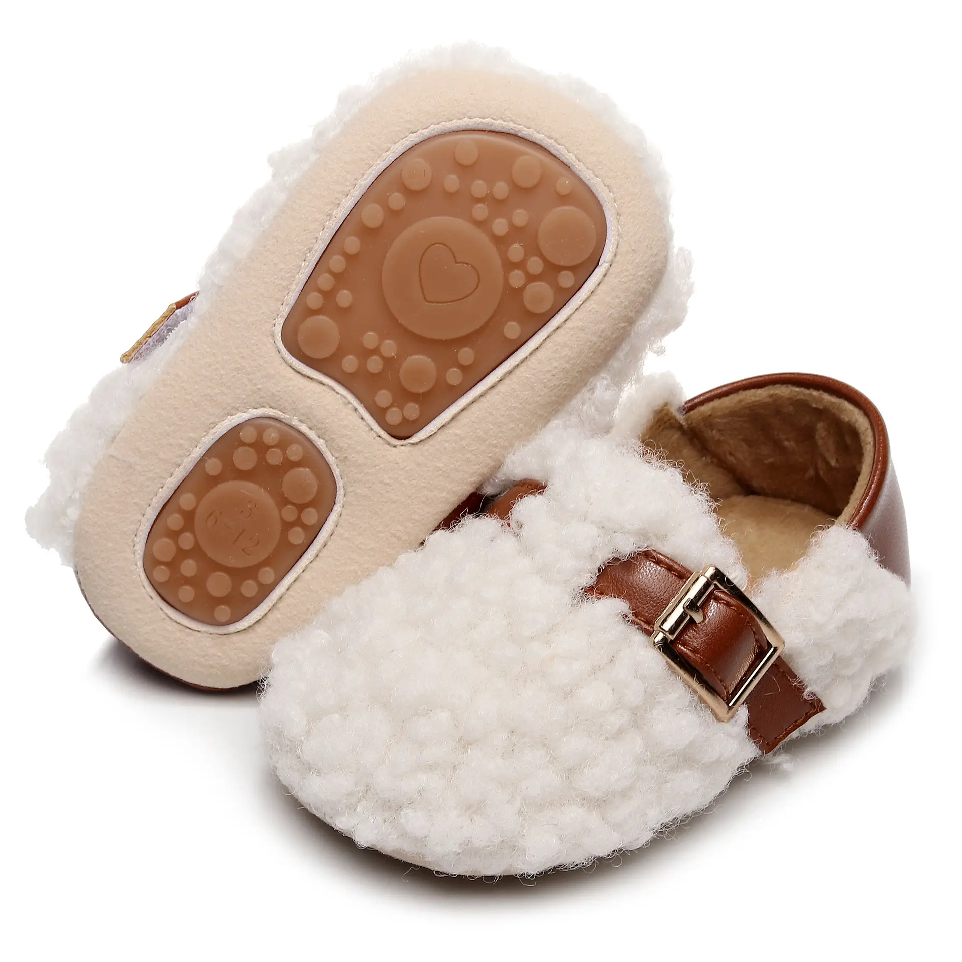 White Faux Fur Baby Slippers with Brown Strap — feature 2