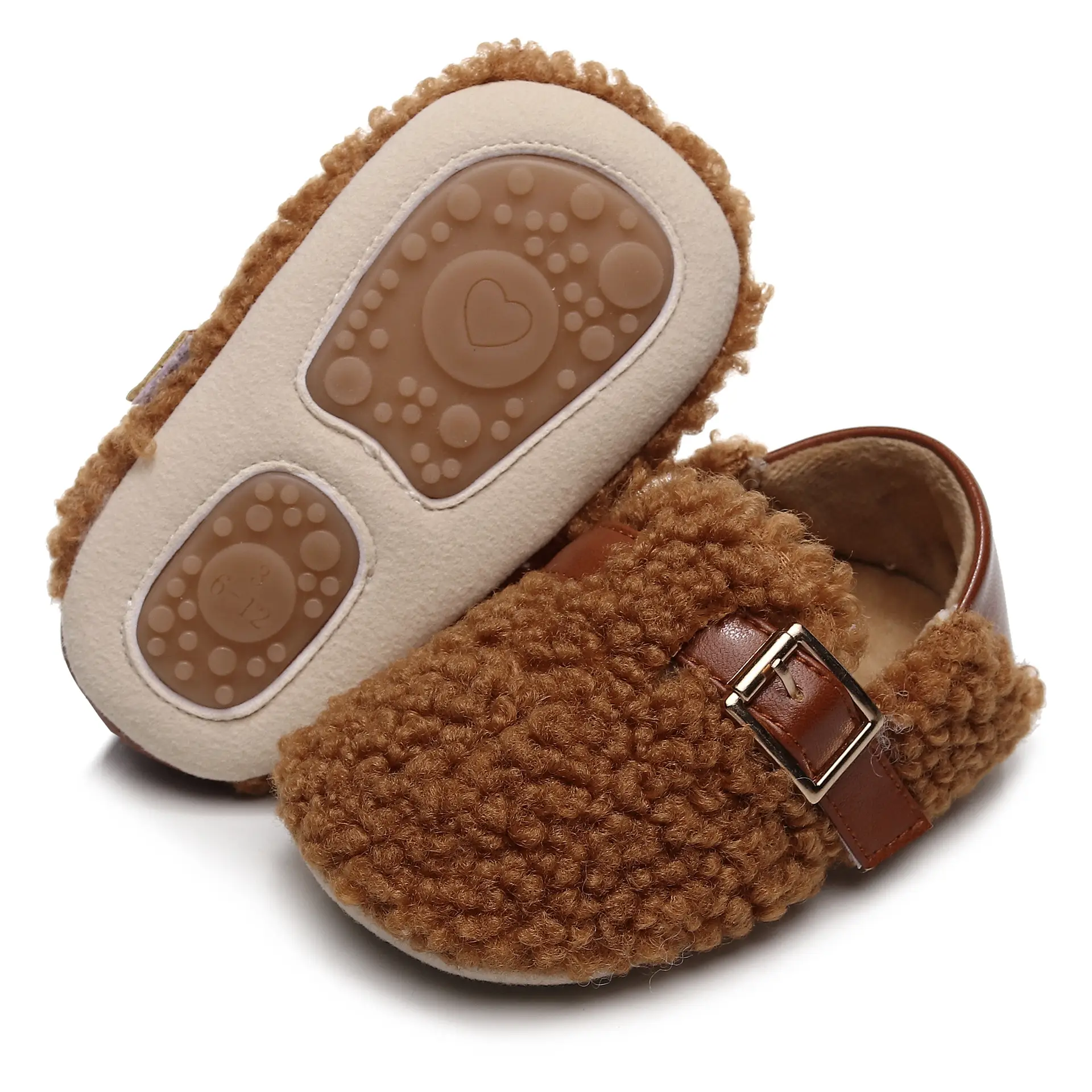 White Faux Fur Baby Slippers with Brown Strap — feature 3