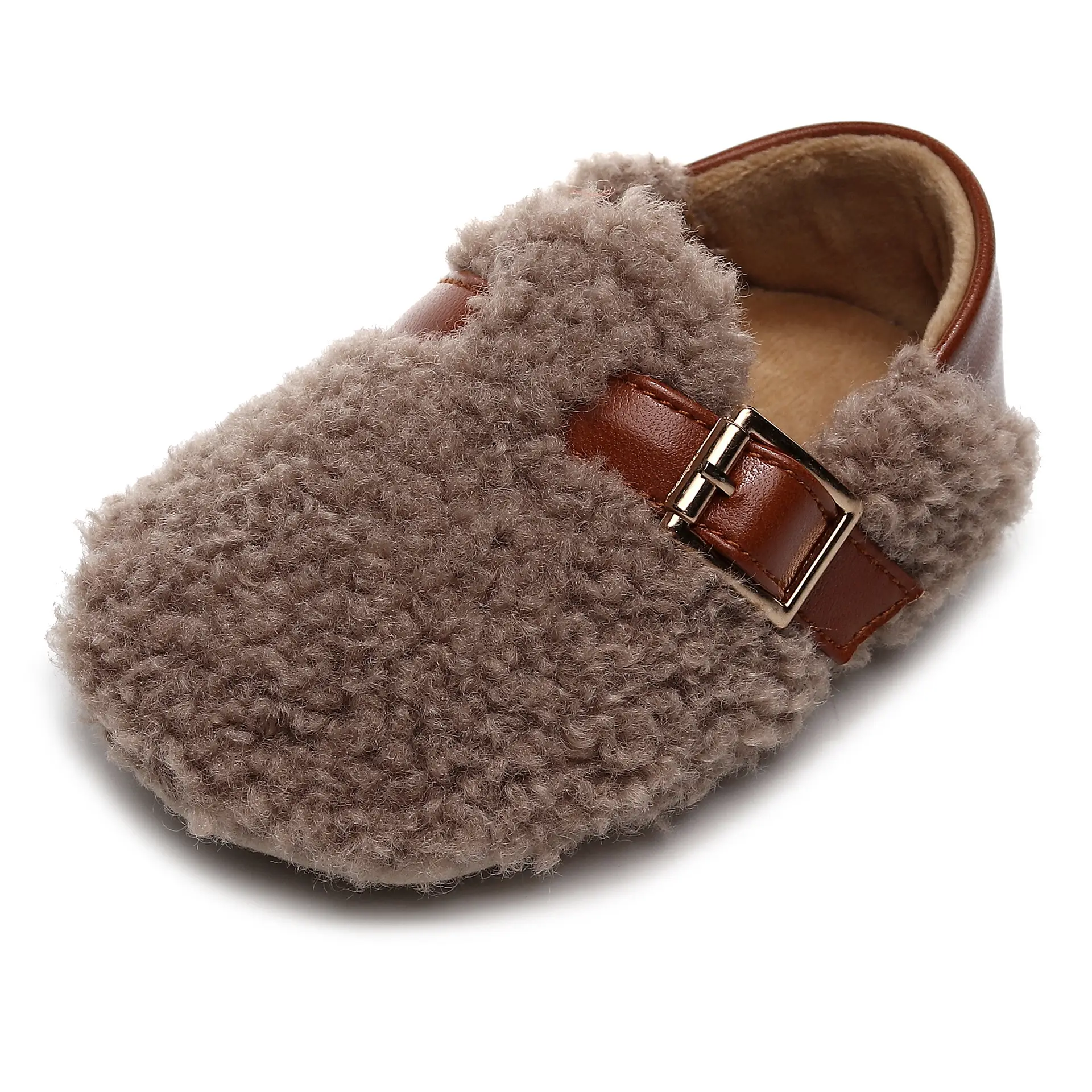 White Faux Fur Baby Slippers with Brown Strap — feature 5