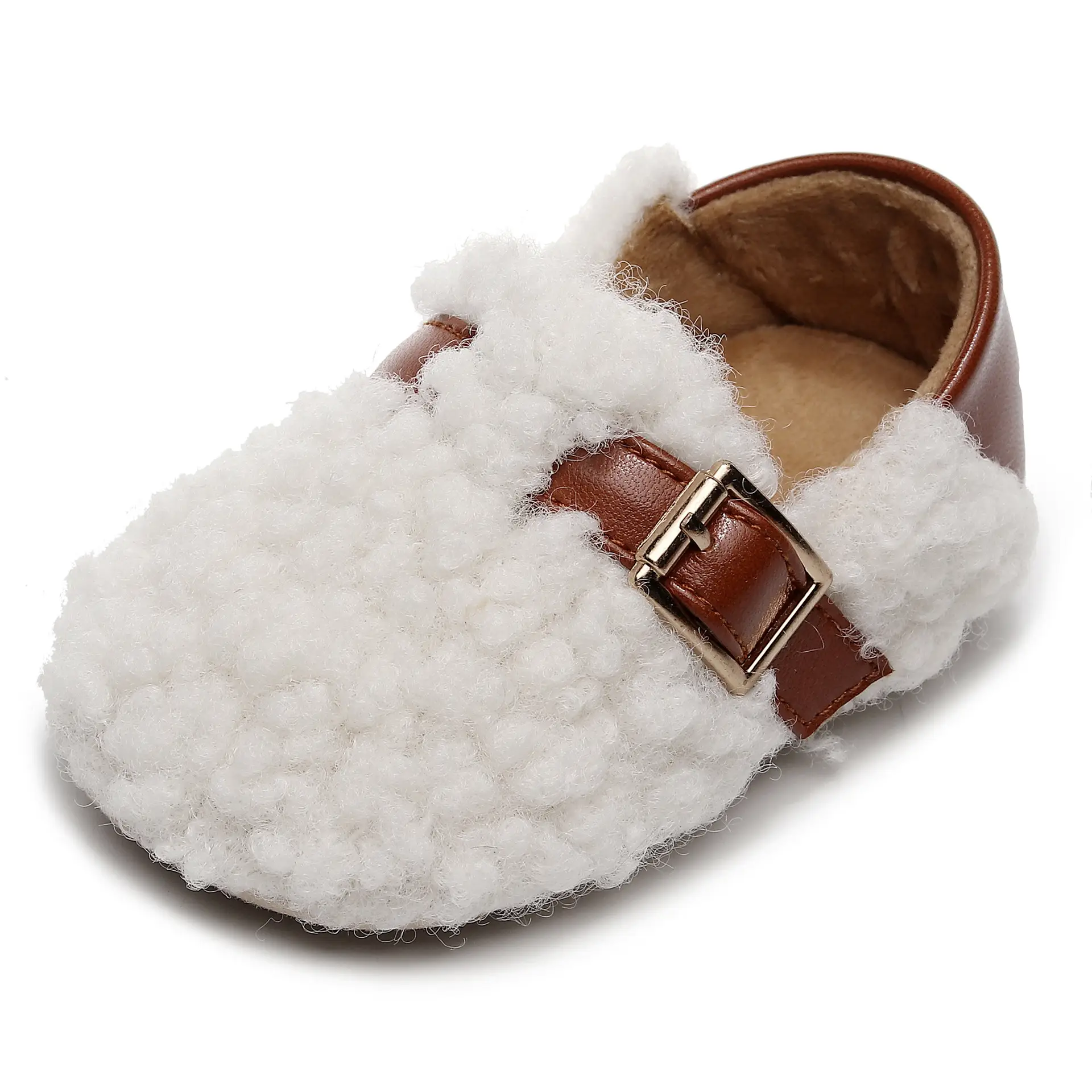 White Faux Fur Baby Slippers with Brown Strap — feature 6