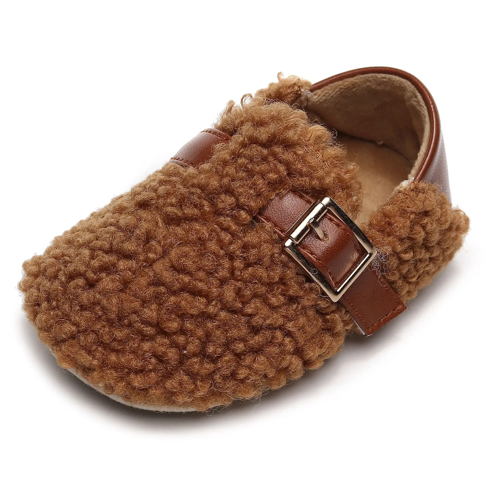 White Faux Fur Baby Slippers with Brown Strap — feature 7