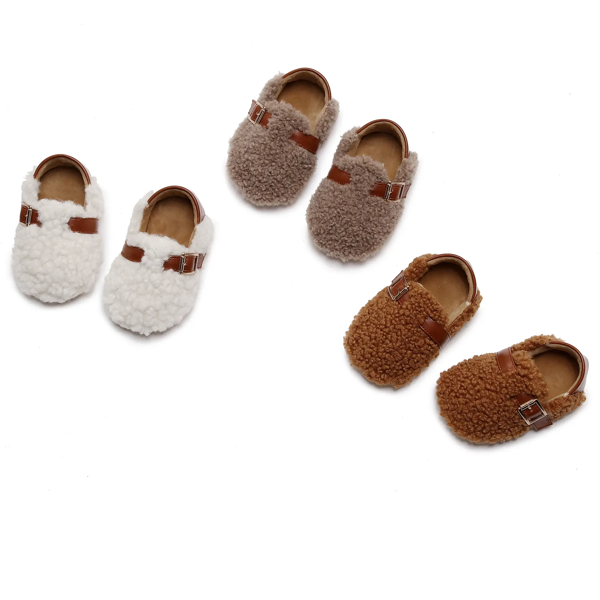 White Faux Fur Baby Slippers with Brown Strap — feature 8