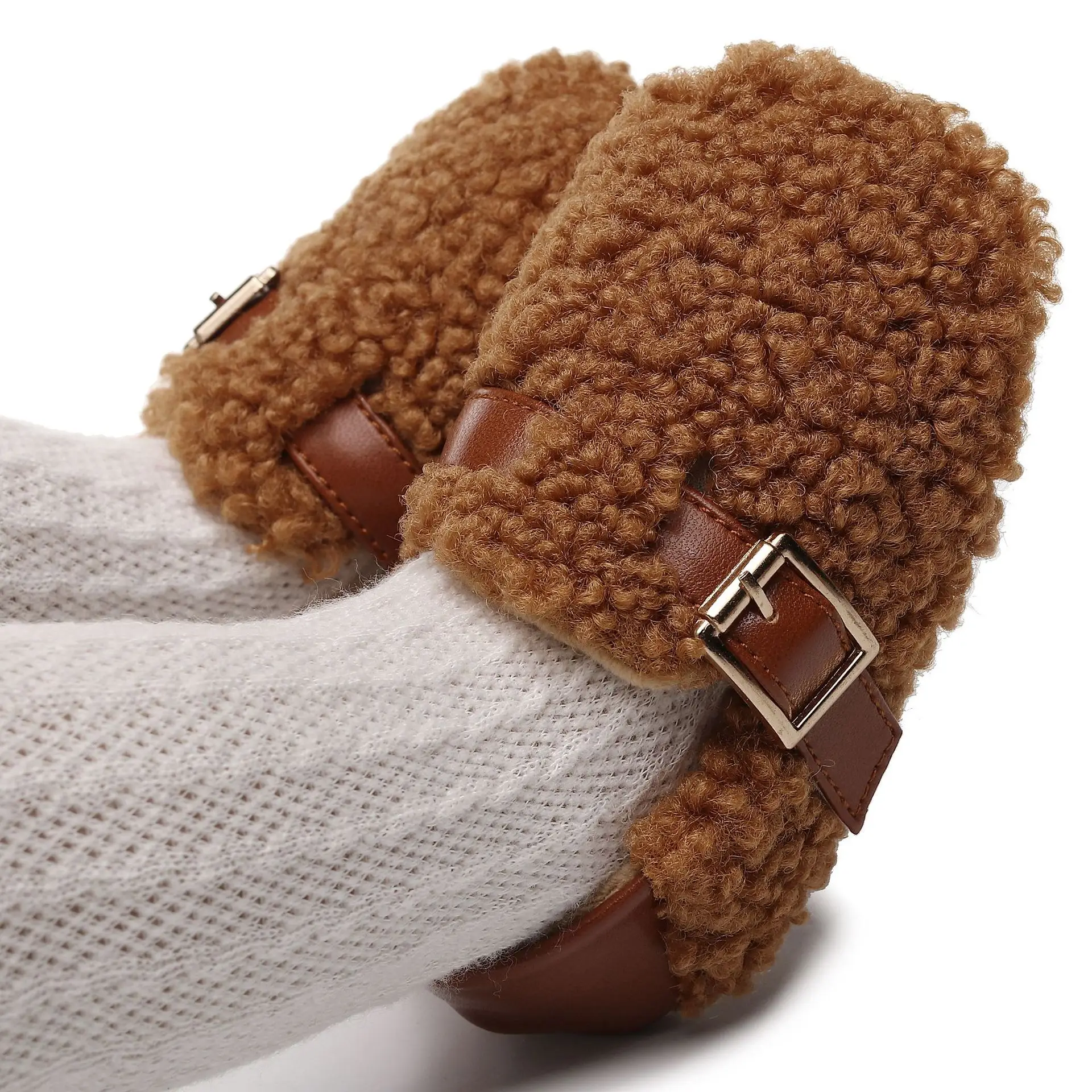 White Faux Fur Baby Slippers with Brown Strap — feature 9