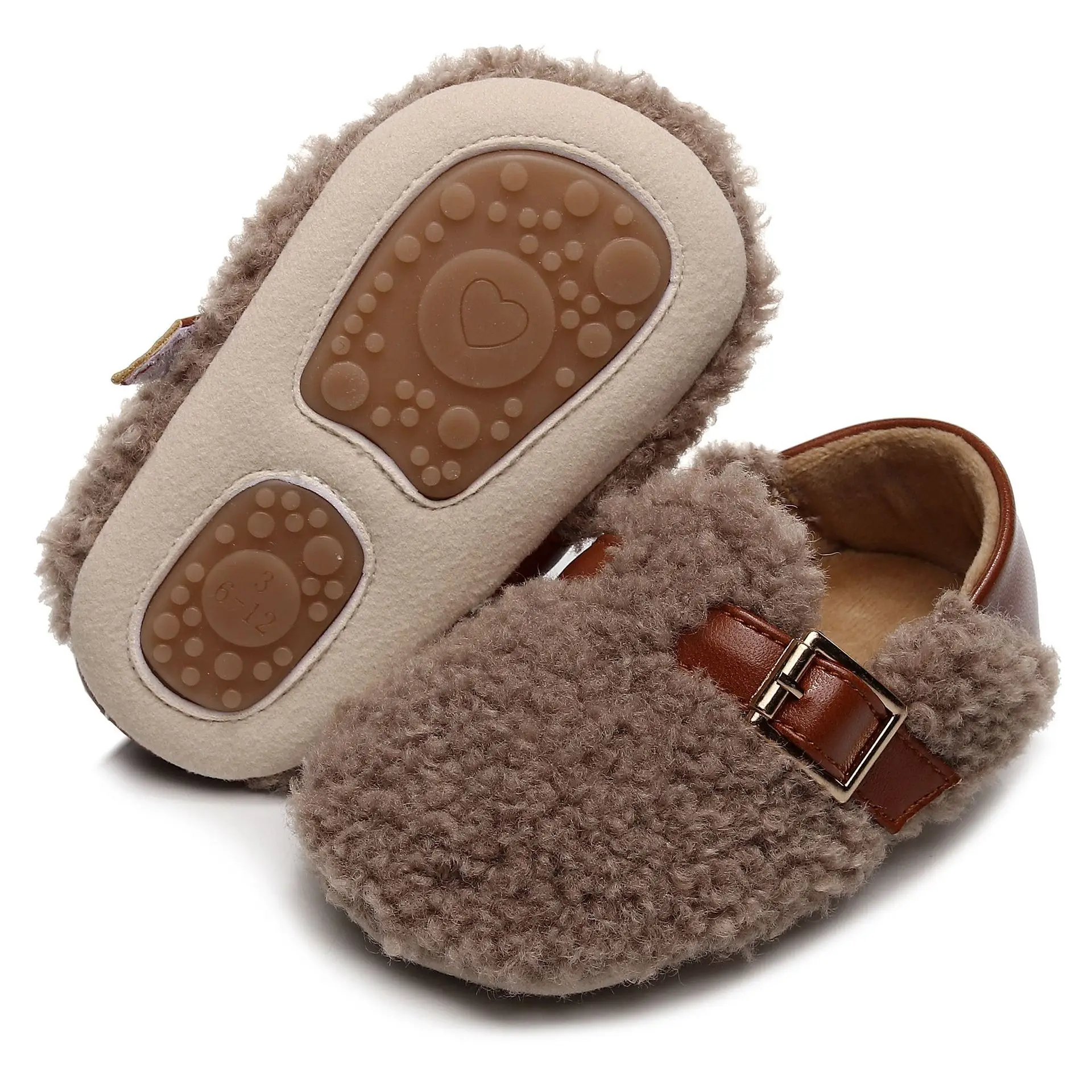 White Faux Fur Baby Slippers with Brown Strap