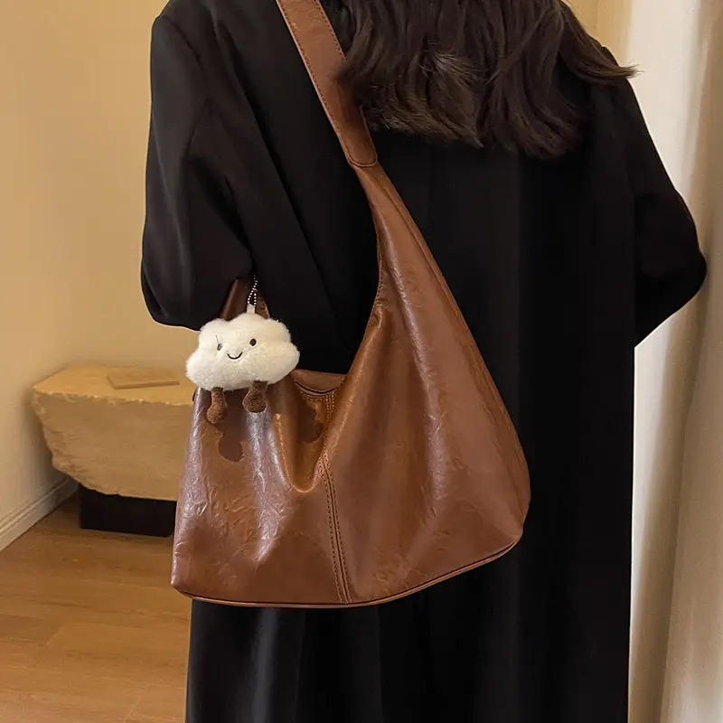 Brown One-Shoulder Bucket Bag for Women - Image 6