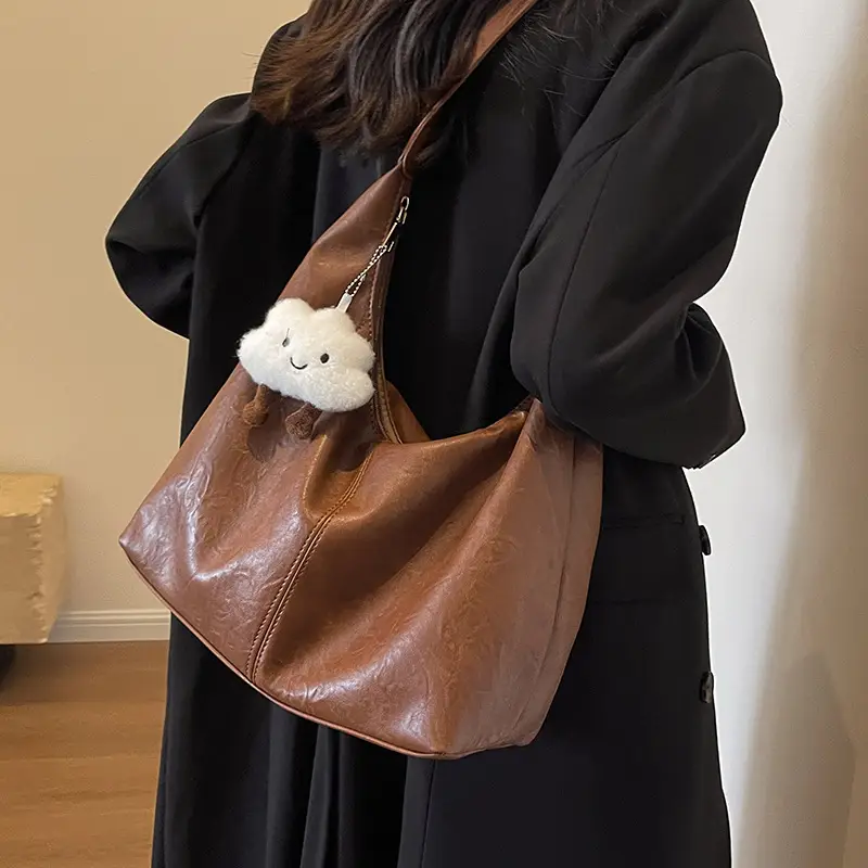 Brown One-Shoulder Bucket Bag for Women - Image 7