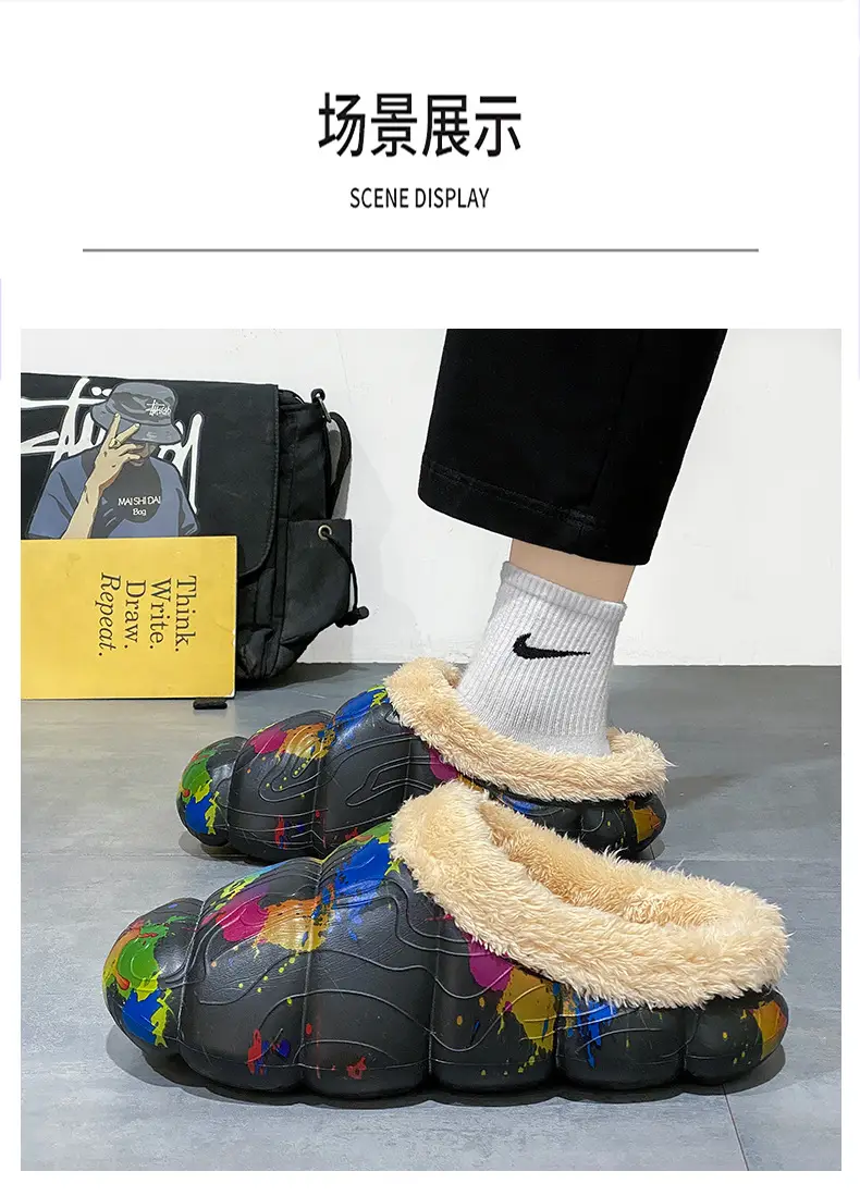 Drooping feeling fleece-lined warm cotton-padded shoes men's cotton-padded slippers women's autumn and winter indoor couple's woolen slippers men's fashion cross-border — feature 9