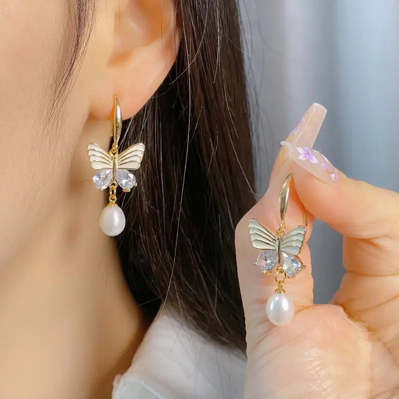 18K Gold Plated Butterfly Pearl Earrings for Women