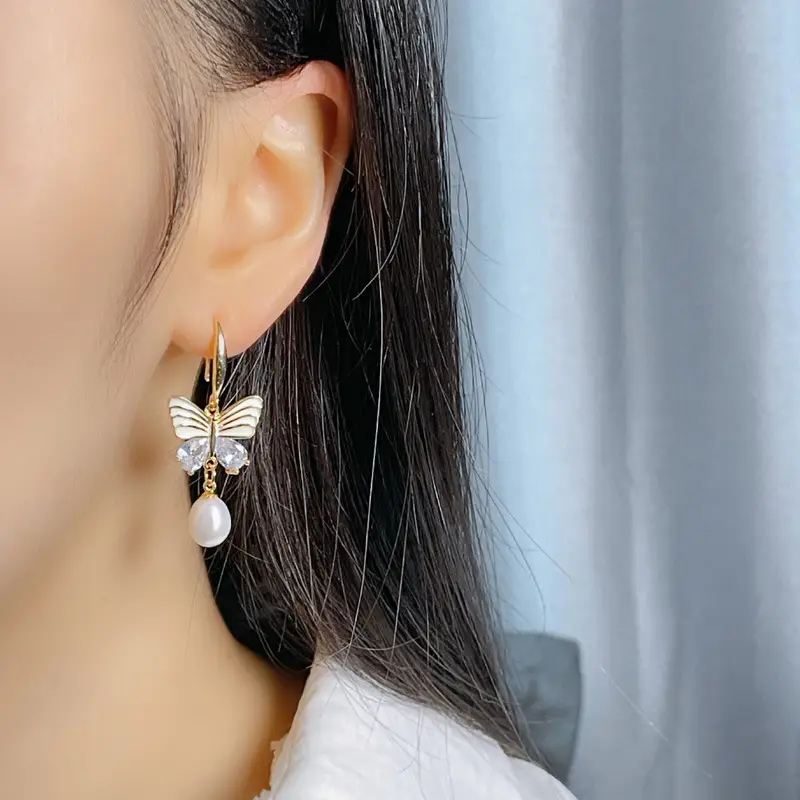 18K Gold Plated Butterfly Pearl Earrings for Women
