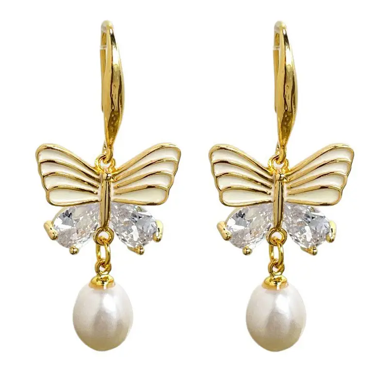 18K Gold Plated Butterfly Pearl Earrings for Women