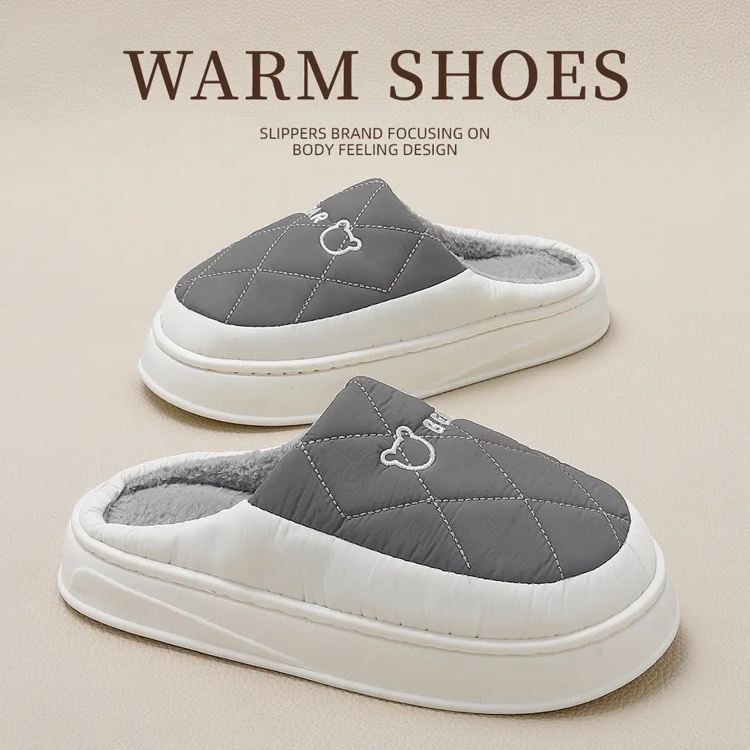 Cotton slippers men's down waterproof autumn and winter couple indoor thickened warm drooping cotton slippers for home women wholesale - Image 4