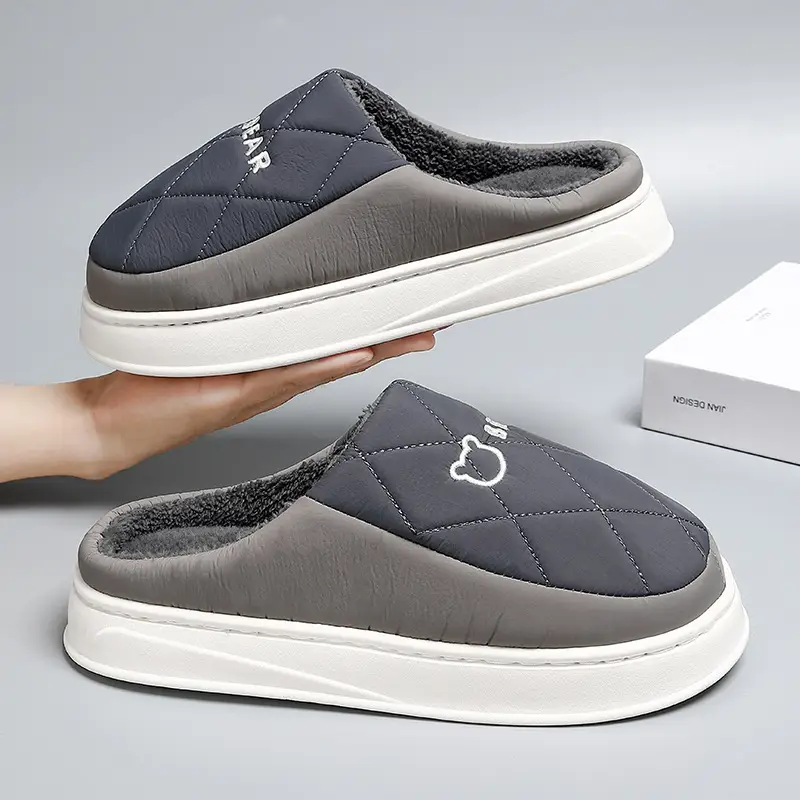 Cotton slippers men's down waterproof autumn and winter couple indoor thickened warm drooping cotton slippers for home women wholesale - Image 5