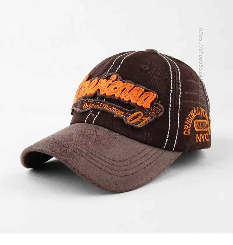 Men Korean Retro Distressed Baseball Cap Brown Orange - Image 2