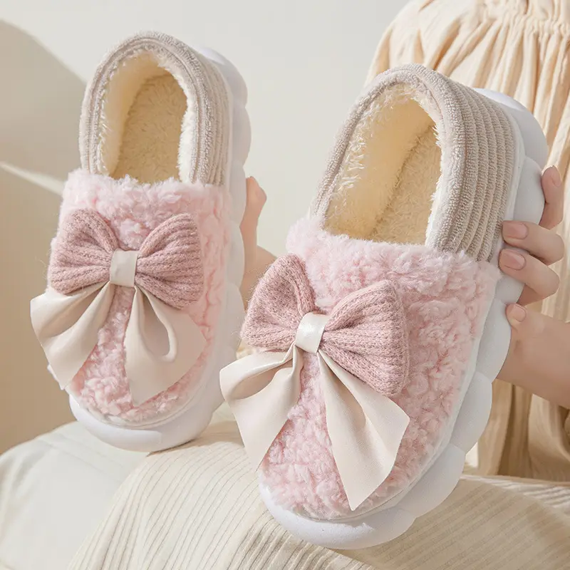 Bow-Knot Cotton Slippers for Women with Thick Soles for Autumn and Winter, Warm Home Slippers, Non-Slip Outdoor Cotton Shoes for Women, Suitable for Home Use - Image 8