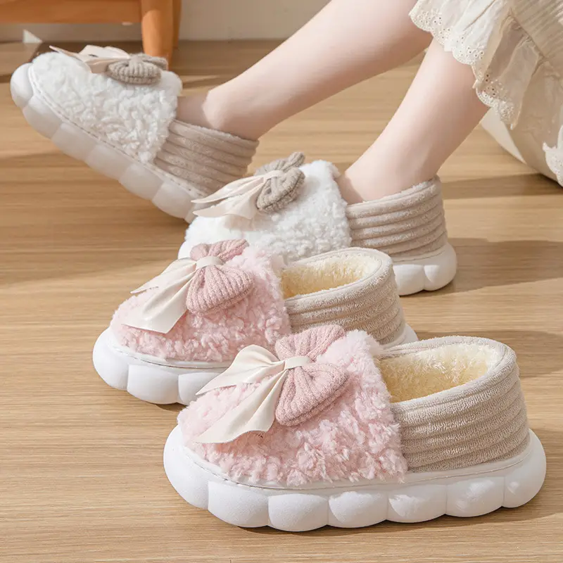 Bow-Knot Cotton Slippers for Women with Thick Soles for Autumn and Winter, Warm Home Slippers, Non-Slip Outdoor Cotton Shoes for Women, Suitable for Home Use - Image 9