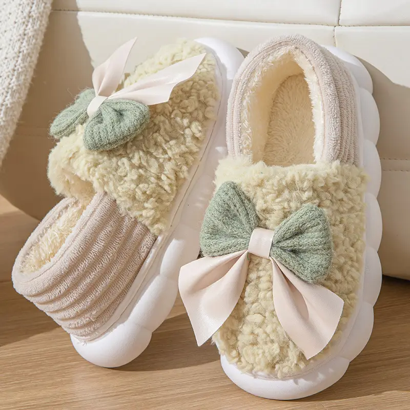 Bow-Knot Cotton Slippers for Women with Thick Soles for Autumn and Winter, Warm Home Slippers, Non-Slip Outdoor Cotton Shoes for Women, Suitable for Home Use - Image 10