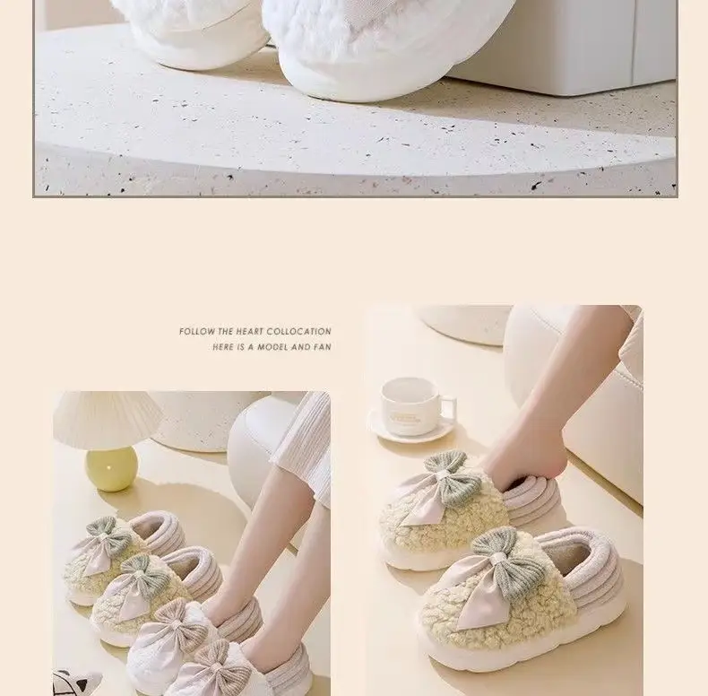 Bow-Knot Cotton Slippers for Women with Thick Soles for Autumn and Winter, Warm Home Slippers, Non-Slip Outdoor Cotton Shoes for Women, Suitable for Home Use — feature 20