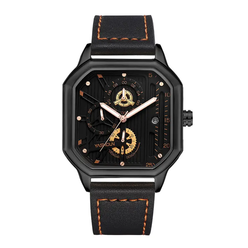 Men's Quartz Watch with Gold Plated Case and Leather Strap - Image 5