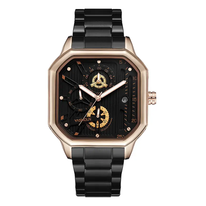 Men's Quartz Watch with Gold Plated Case and Leather Strap - Image 2