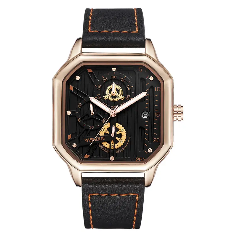 Men's Quartz Watch with Gold Plated Case and Leather Strap - Image 6