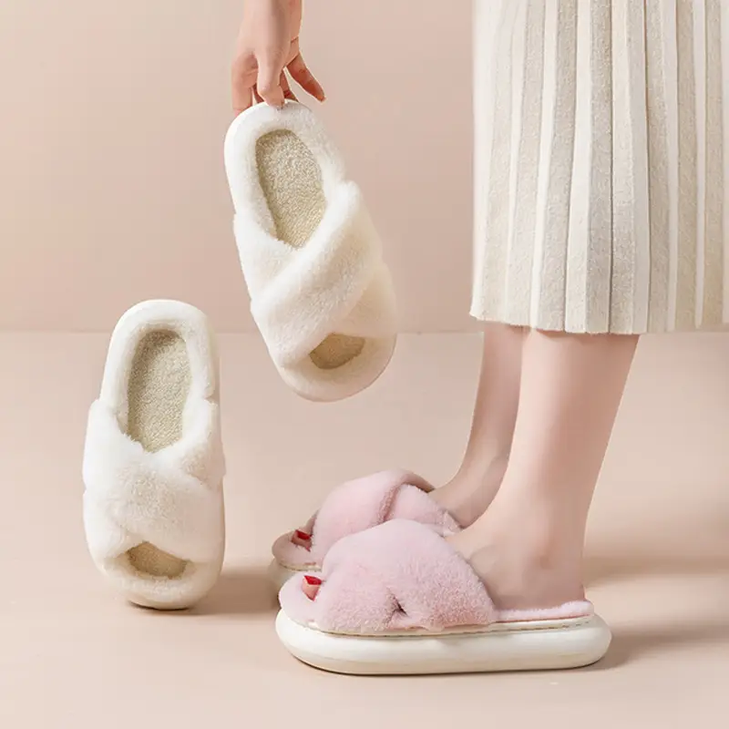 Furry slippers women's autumn and winter wear non-slip indoor thick bottom home furry confinement cotton slippers open winter