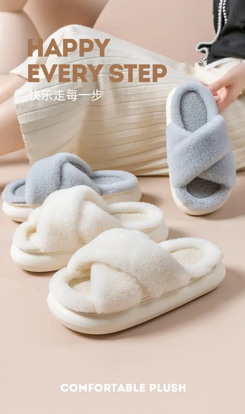 Furry slippers women's autumn and winter wear non-slip indoor thick bottom home furry confinement cotton slippers open winter — feature 6