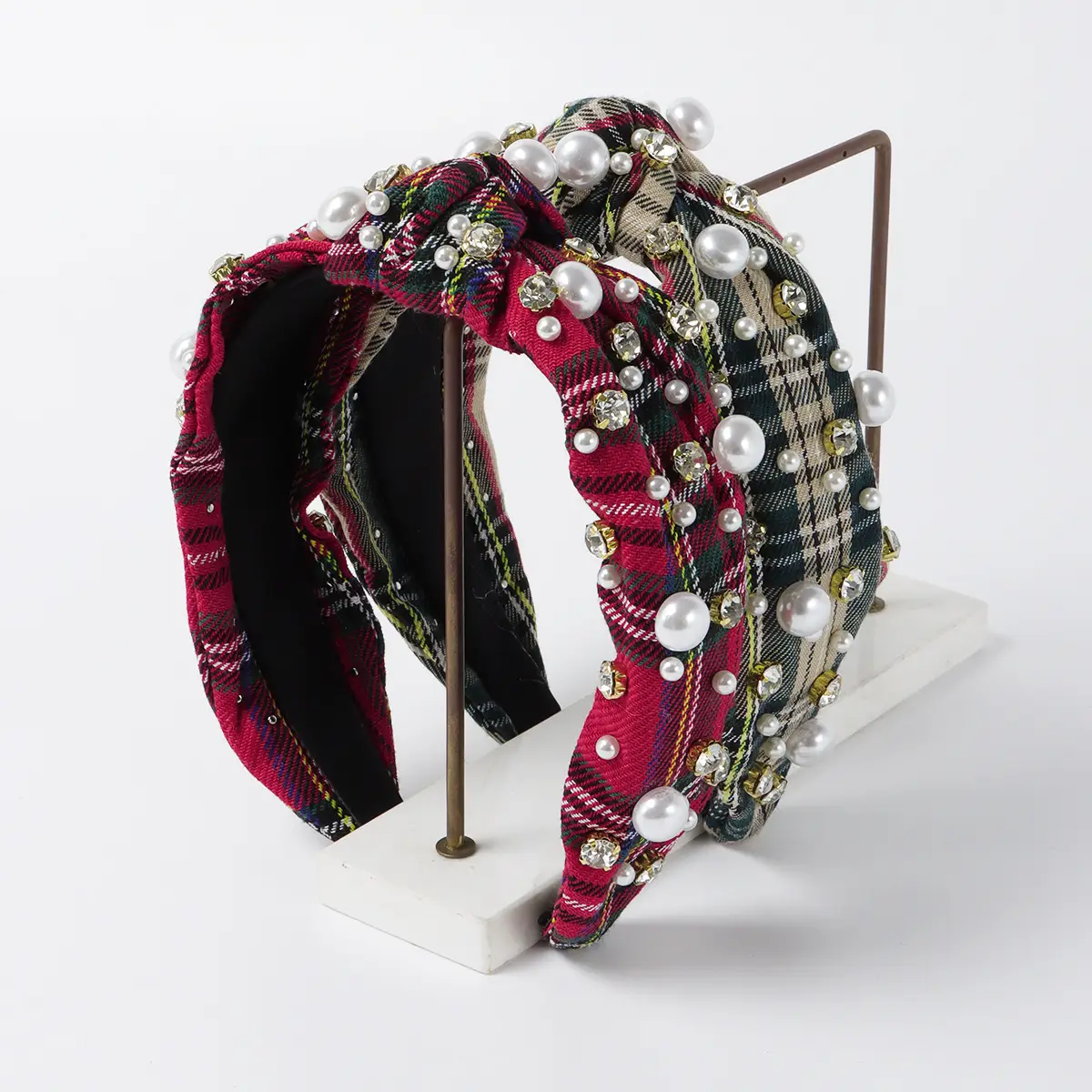 Pearl-Encrusted Diamond Plaid Headband for Women