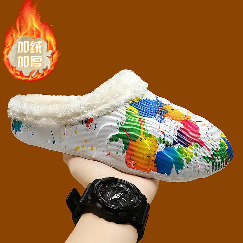 New fashion casual cotton slippers men's winter fleece-lined warm cotton shoes couple slippers indoor home drooping feeling - Image 2