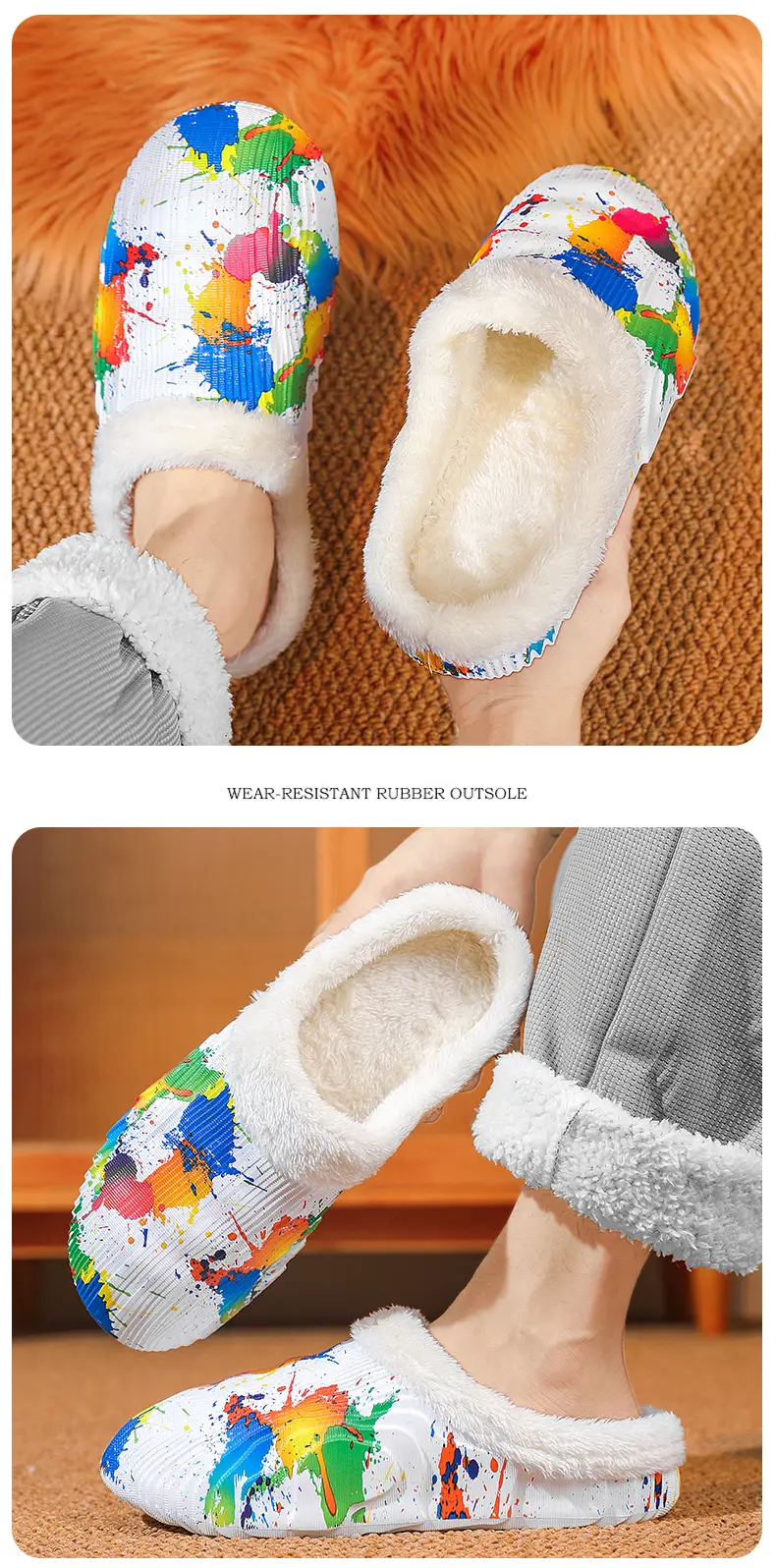 New fashion casual cotton slippers men's winter fleece-lined warm cotton shoes couple slippers indoor home drooping feeling — feature 13
