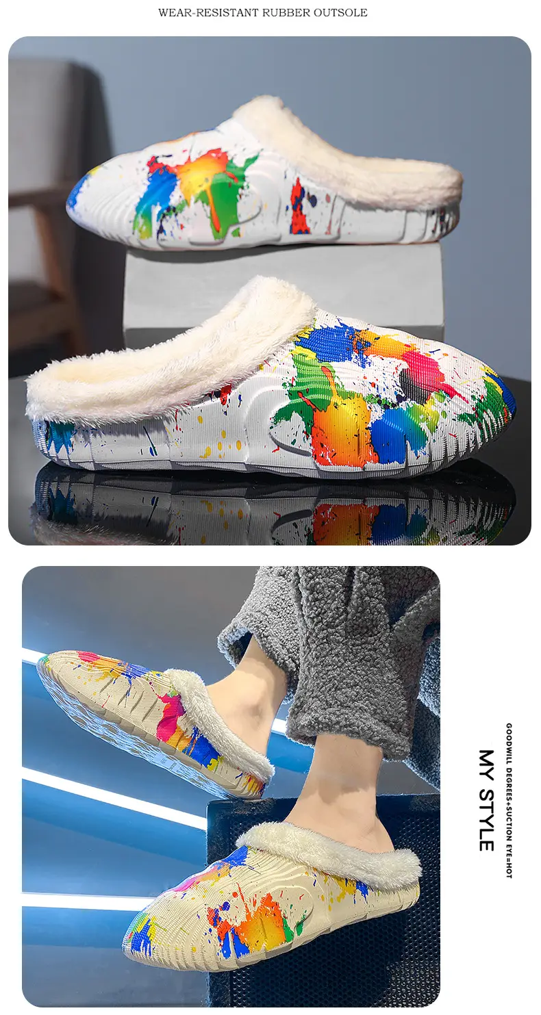 New fashion casual cotton slippers men's winter fleece-lined warm cotton shoes couple slippers indoor home drooping feeling — feature 14