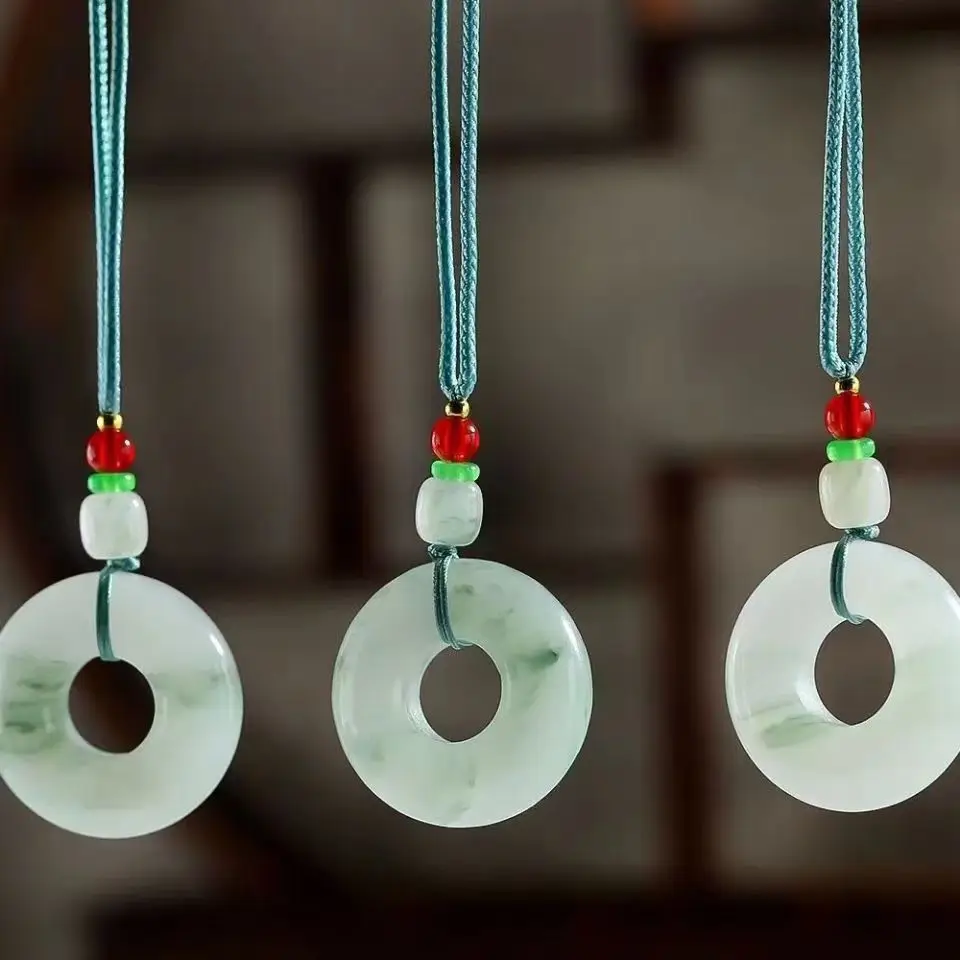 Natural Xinjiang Jade Ping An Ring Pendant with Red & Green Accents - Image 2