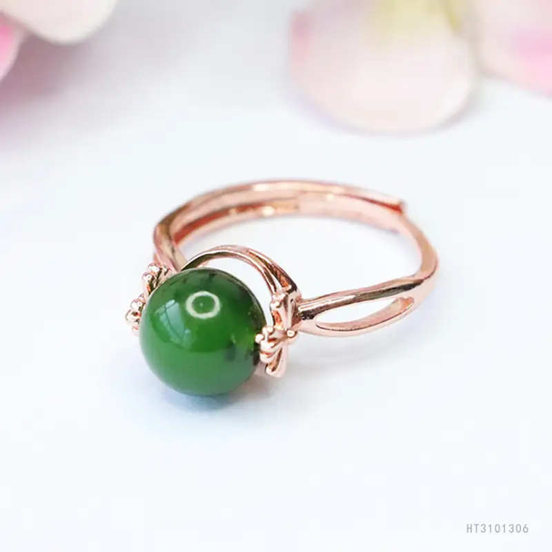 Green Jade Round Beads Rotatable Ring for Women - Image 3