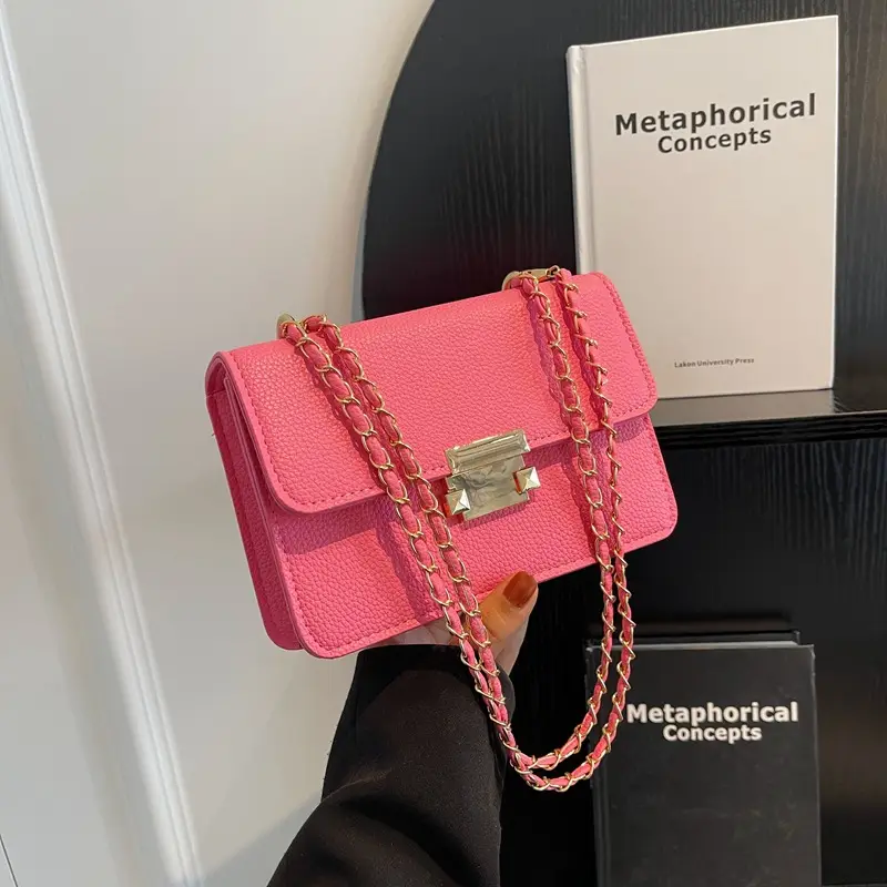 Women's Pink Chain Shoulder Messenger Bag with Heart Lock - Image 6