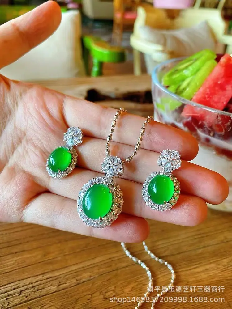 Natural Ice Chalcedony Earrings Green Agate Set — feature 4