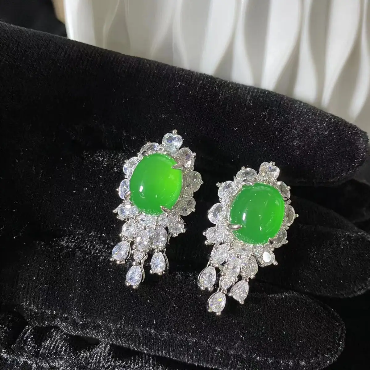 Women's Emerald Earrings with Silver Needle & White Ice Agate - Image 5