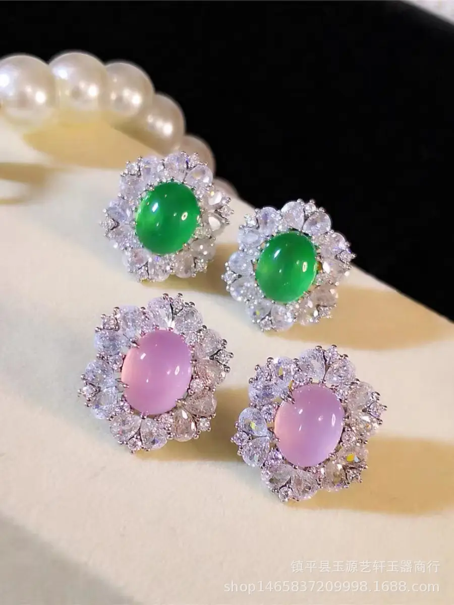 Yang Green Chalcedony Earrings with Rose Diamond Cutting - Image 5