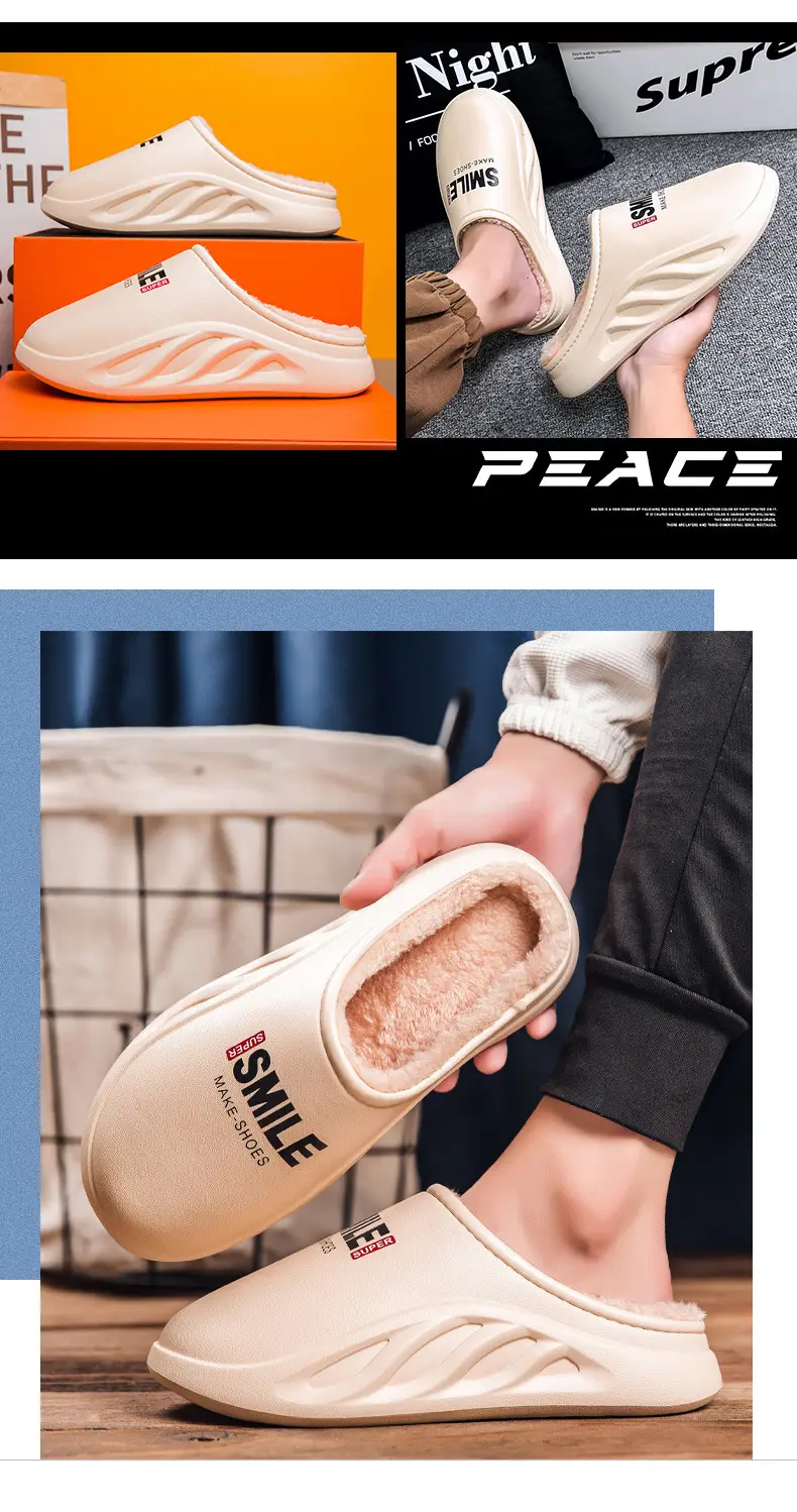 Cotton slippers men's winter fleece-lined warm cross-border new casual home closed toe waterproof couple cotton slippers trendy wool slippers — feature 12