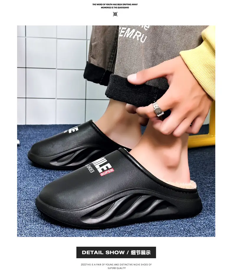 Cotton slippers men's winter fleece-lined warm cross-border new casual home closed toe waterproof couple cotton slippers trendy wool slippers — feature 5