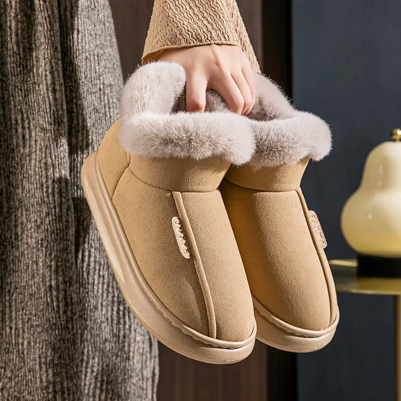 High-top Snow Boots Women's Winter Home Warm fleece-lined Non-slip Plush Dung-feeling Cotton Slippers Household Winter Thick Sole