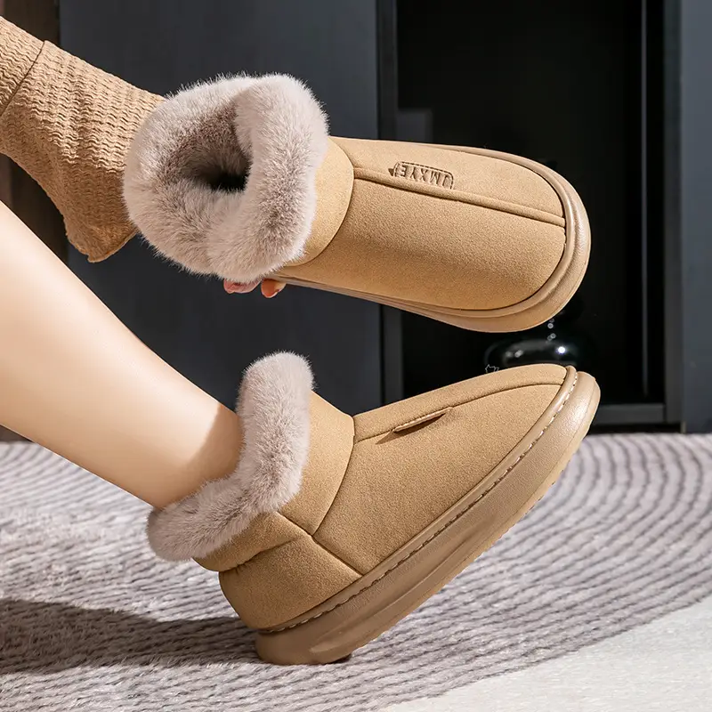 High-top Snow Boots Women's Winter Home Warm fleece-lined Non-slip Plush Dung-feeling Cotton Slippers Household Winter Thick Sole