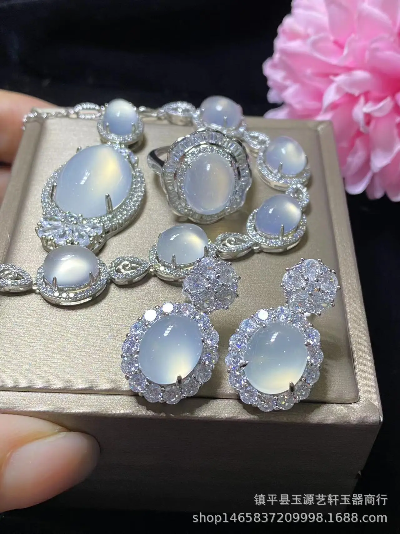 Silver Plated Ice White Chalcedony Earrings Set — feature 4