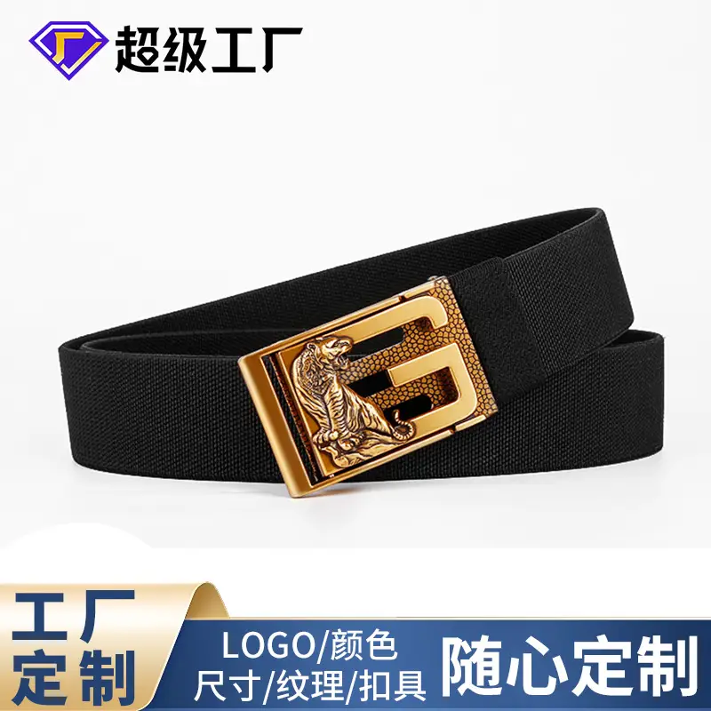 Men's Zodiac Buckle Belt Gold Black Elastic Canvas Universal Light Luxury Belt - Image 5