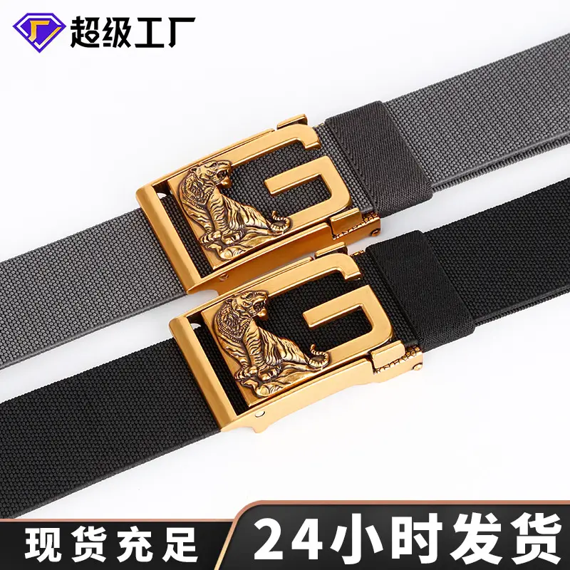 Men's Zodiac Buckle Belt Gold Black Elastic Canvas Universal Light Luxury Belt - Image 6