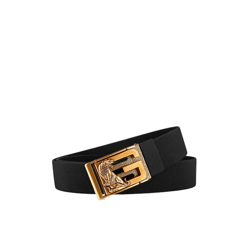 Men's Zodiac Buckle Belt Gold Black Elastic Canvas Universal Light Luxury Belt - Image 9