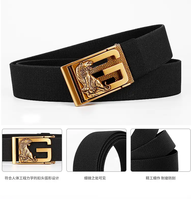 Men's Zodiac Buckle Belt Gold Black Elastic Canvas Universal Light Luxury Belt — feature 8